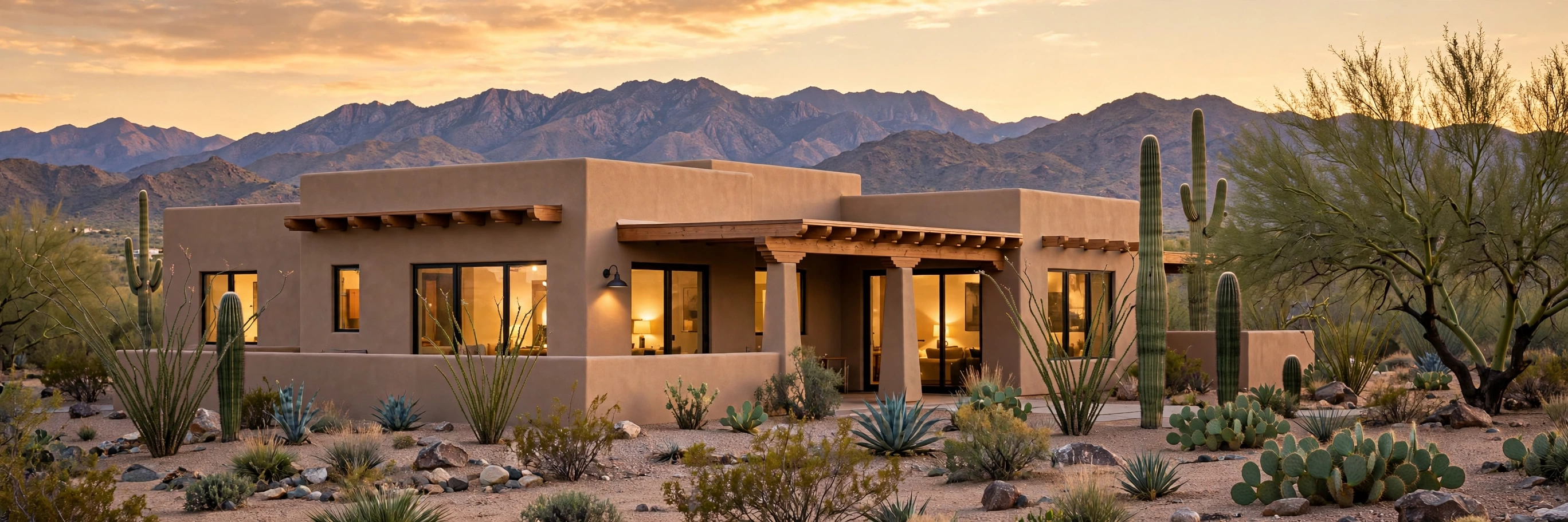 A welcoming Southwest-style home in Tucson at golden hour